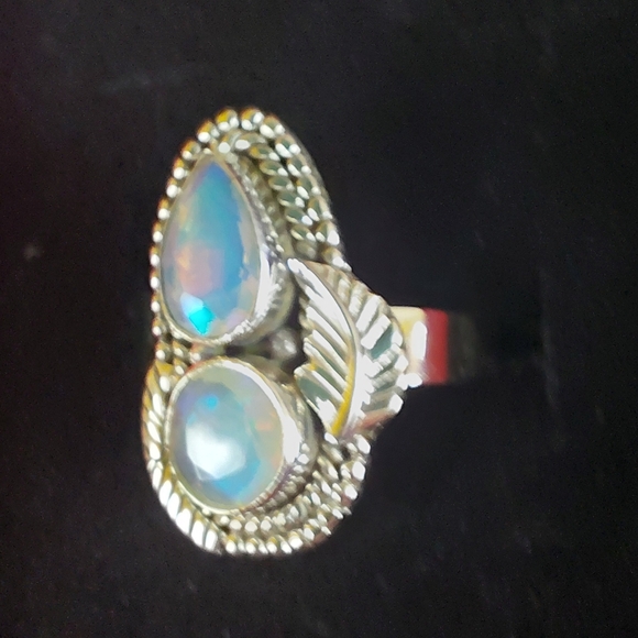 Ethiopian Opal Teardrop & Round Cut Sterling Silver Statement Ring - Picture 3 of 16
